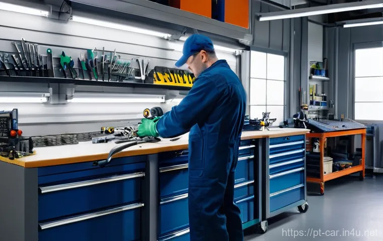 자동차정비사 필수 장비 구입 가이드 - **Prompt:** A certified mechanic, wearing distinct orange-colored high-voltage insulated gloves, saf...