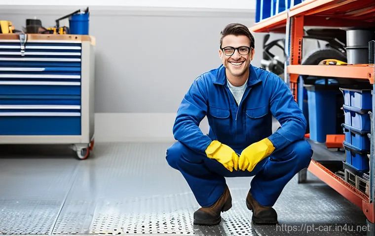 자동차정비 실습 중 발생할 수 있는 사고 대처법 - **Prompt:** A professional automotive technician, gender-neutral, wearing clean, fitted work overall...