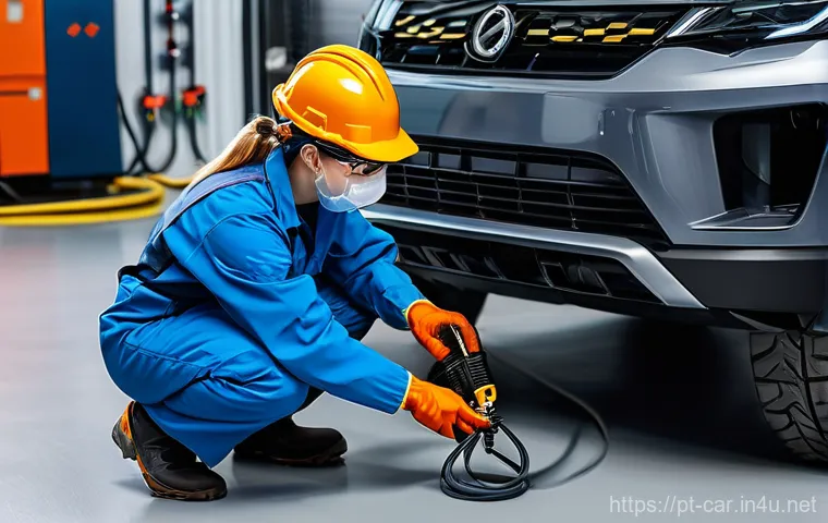 자동차정비 실습 중 발생할 수 있는 사고 대처법 - **Prompt:** A professional automotive technician, gender-neutral, wearing clean, fitted work overall...