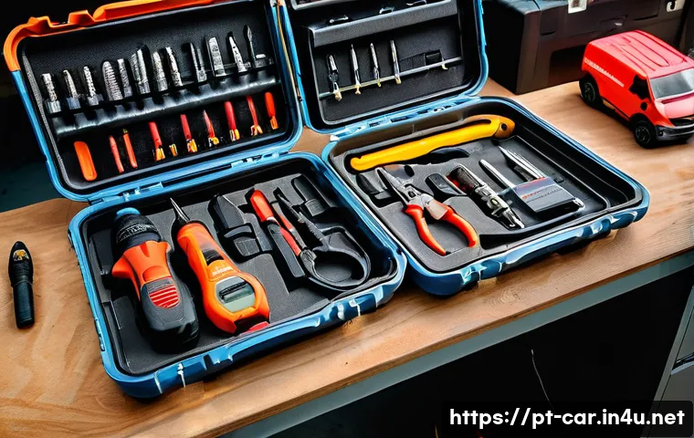자동차정비 산업기사 자격증 실습 준비물 - A detailed workshop scene featuring a professional technician’s organized workspace in Brazil, with ...