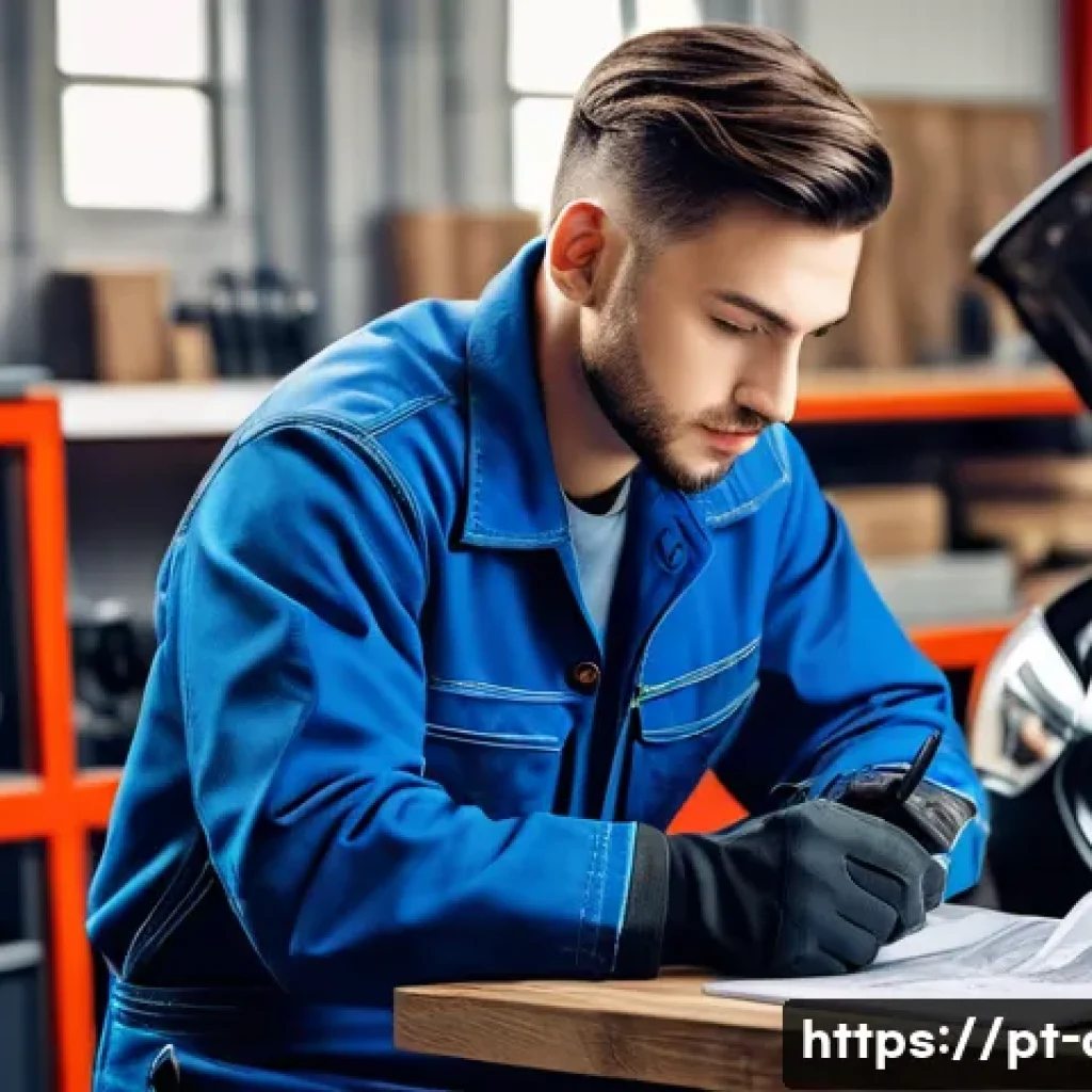 자동차정비 자격증 학습 자료 무료 다운로드 - A focused young adult male wearing mechanic overalls and safety gloves, studying detailed automotive...