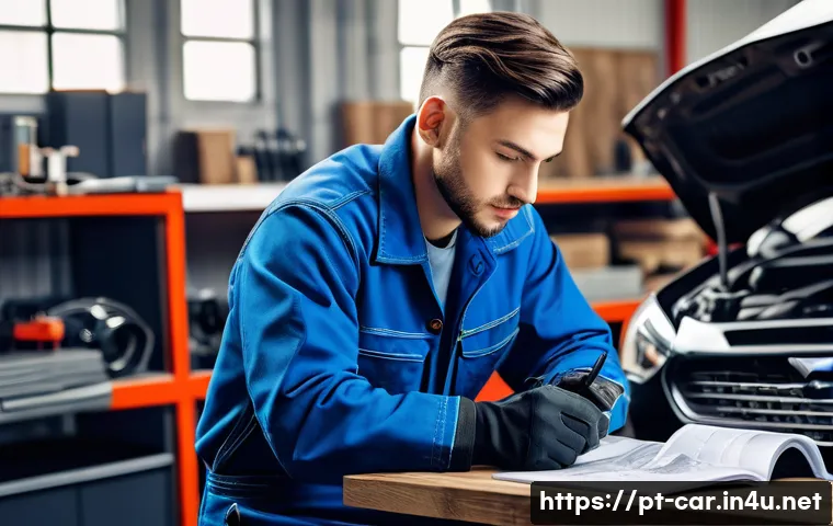 자동차정비 자격증 학습 자료 무료 다운로드 - A focused young adult male wearing mechanic overalls and safety gloves, studying detailed automotive...