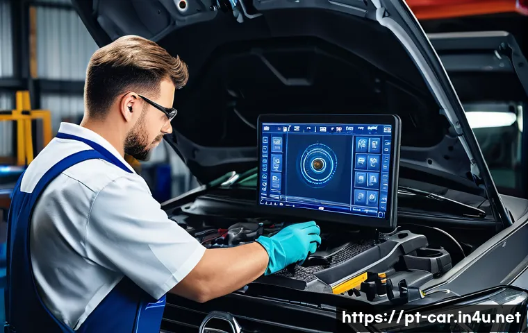 자동차정비 자격증과 자동차 튜닝과의 관계 - A professional automotive technician in a modern workshop environment, carefully diagnosing a car’s ...