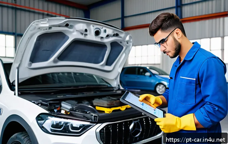 자동차정비 자격증 취득 비용과 예상 투자 시간 - A young Brazilian automotive mechanic in a modern workshop, wearing a clean blue coverall uniform an...