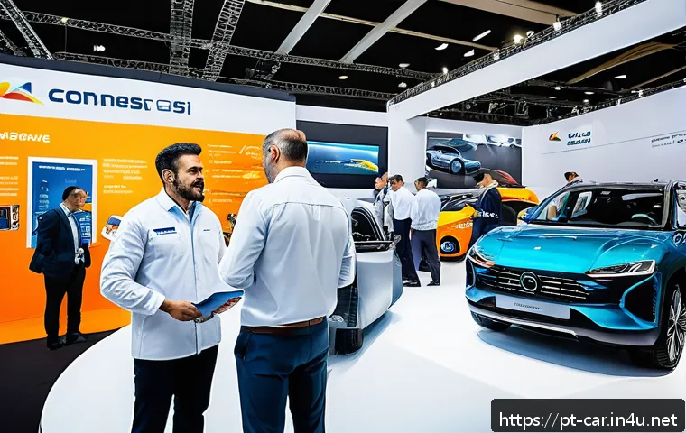 자동차정비사로서 네트워크를 확장하는 방법 - A vibrant automotive trade fair scene in São Paulo, Brazil, showing diverse mechanics and industry p...