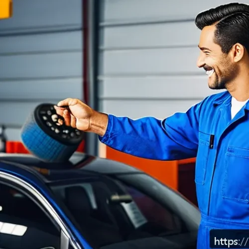 자동차정비사 자기소개서 작성 가이드 - A professional automotive mechanic greeting a client with a warm, genuine smile and a firm handshake...