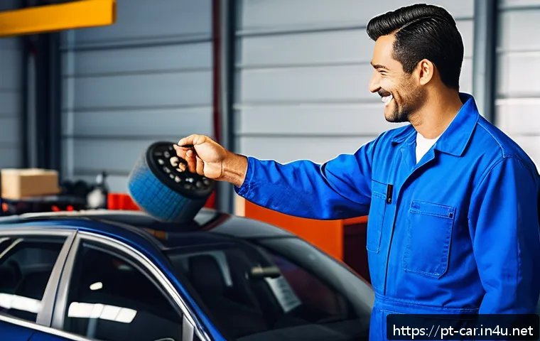 자동차정비사 자기소개서 작성 가이드 - A professional automotive mechanic greeting a client with a warm, genuine smile and a firm handshake...