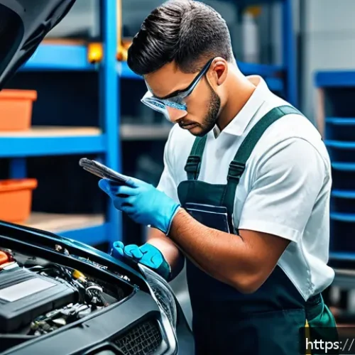 자동차정비 자격증 시험 합격률 분석 - A detailed scene inside a modern automotive workshop in Brazil, showing a young mechanic wearing a c...