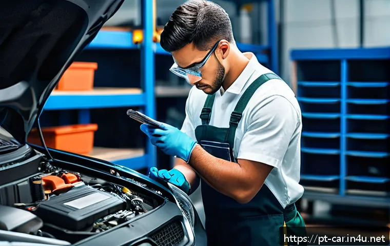 자동차정비 자격증 시험 합격률 분석 - A detailed scene inside a modern automotive workshop in Brazil, showing a young mechanic wearing a c...