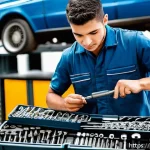 자동차정비 실기 시험 고득점 전략 - A detailed scene of a professional automotive workshop in Brazil, showing a young male mechanic in a...