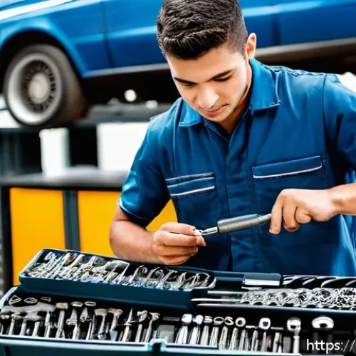 자동차정비 실기 시험 고득점 전략 - A detailed scene of a professional automotive workshop in Brazil, showing a young male mechanic in a...