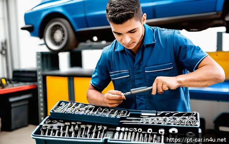 자동차정비 실기 시험 고득점 전략 - A detailed scene of a professional automotive workshop in Brazil, showing a young male mechanic in a...