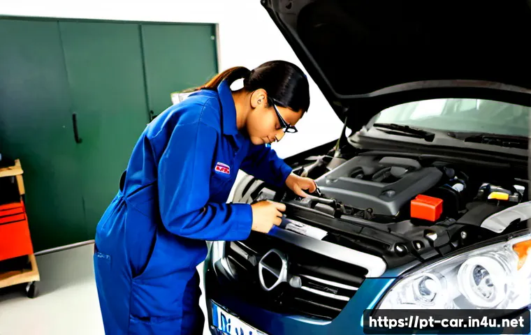 Home 17 자동차정비 실기 시험 꿀팁 - Photorealistic Brazilian automotive vocational practical exam scene, confident adult trainee wearing...