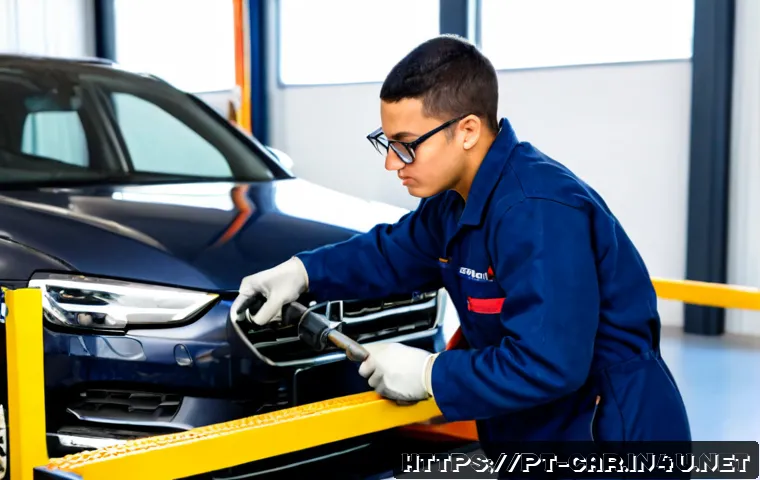 Home 17 자동차정비 실습실에서 유용한 팁 - Photorealistic automotive training workshop in Portugal, a young adult trainee wearing clean navy co...